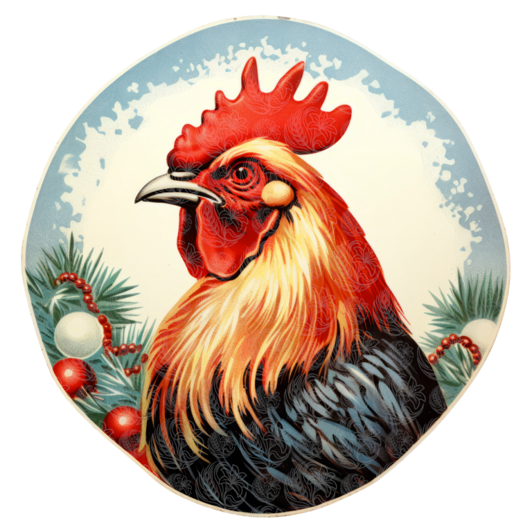 Farm christmas rooster portrait with holiday greenery and red berries, illustrated in vintage style, Grey Barn Handwerk, Saskatchewan.